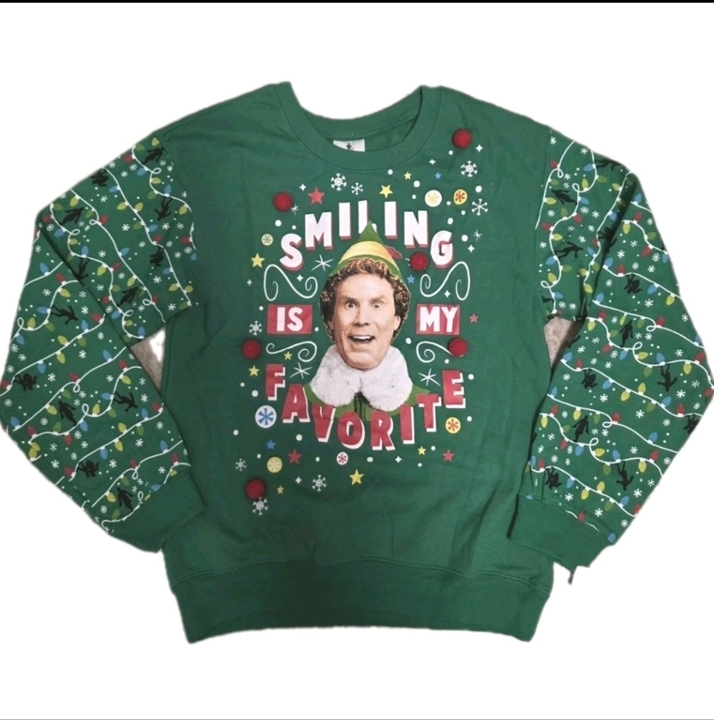 Elf Women's Kids Sweatshirt Smiling Is My Favorite Size Medium Green Christmas